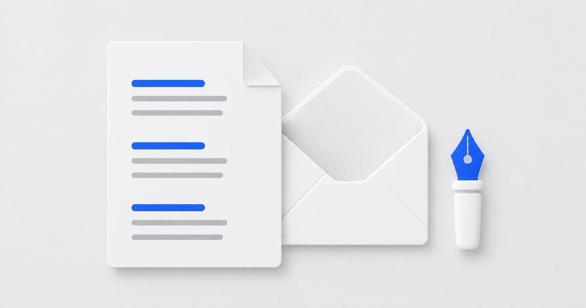 A structured cover letter, envelope, and blue pen nib.
