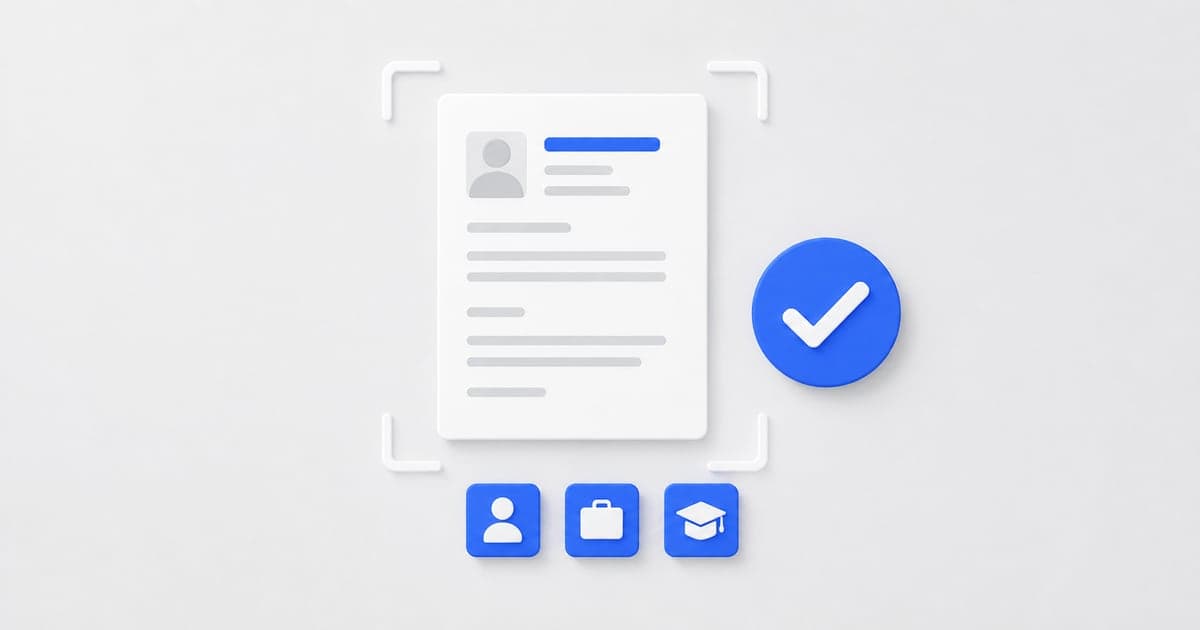 A resume with keyword tiles, a scanning bracket, and a review check.