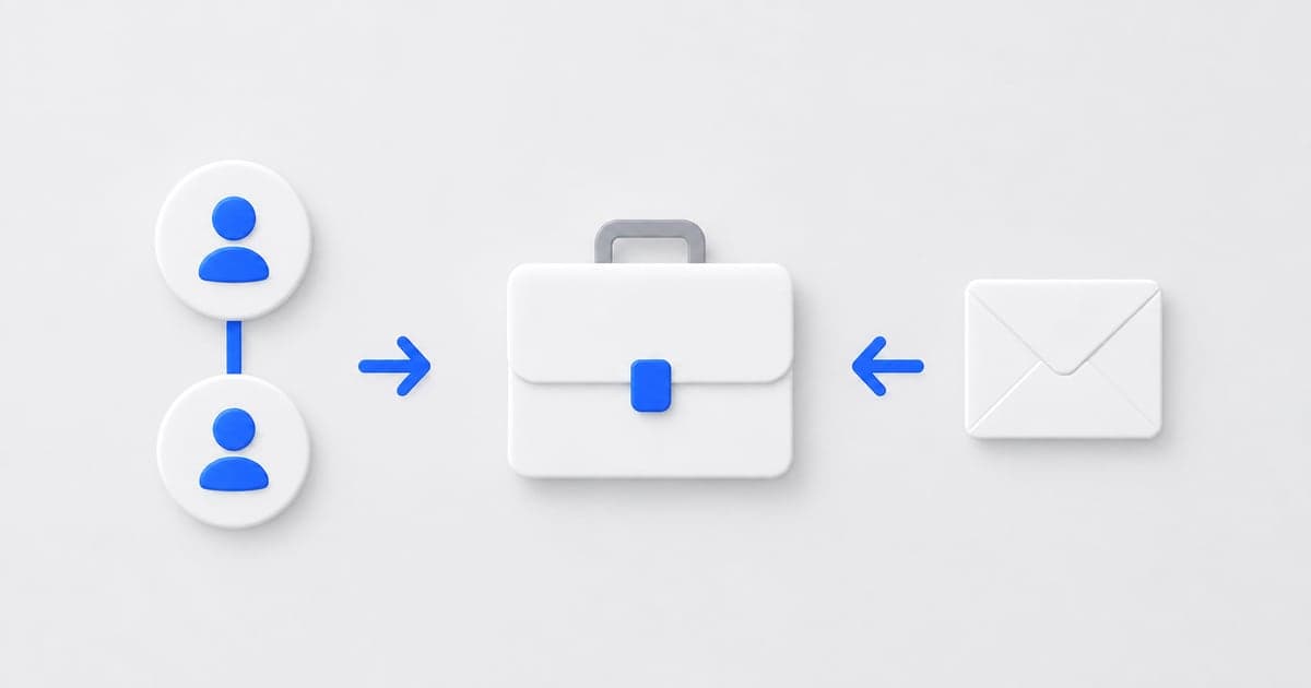Linked profile badges and an envelope showing referral and direct-application routes.