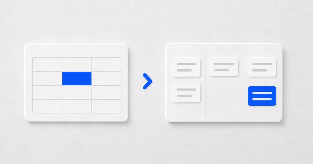 A spreadsheet grid beside a board of job cards comparing tracking approaches.