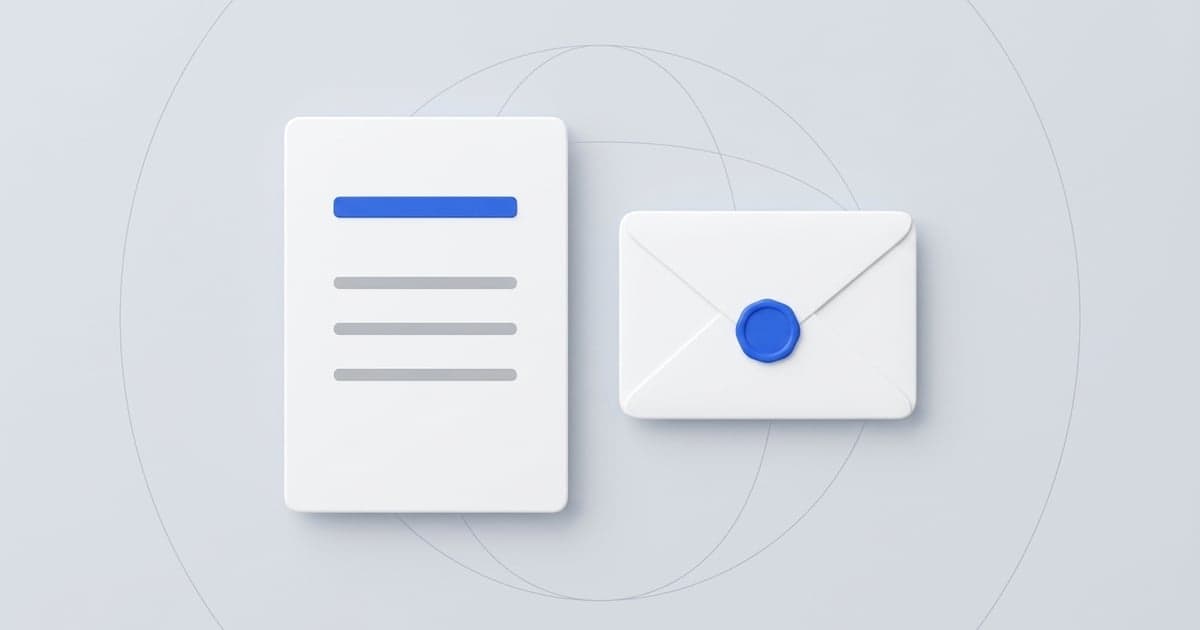 A structured Spanish cover letter card and envelope with a blue seal token.