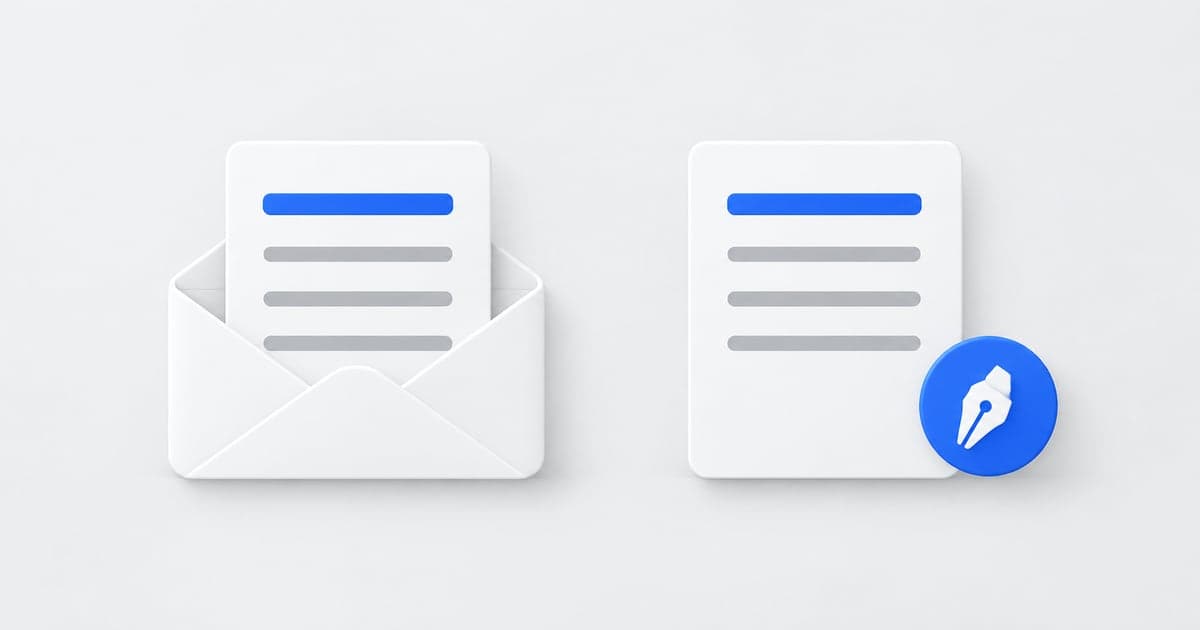 Two cover-letter sheets, one in an envelope and one beside a blue pen-nib token.