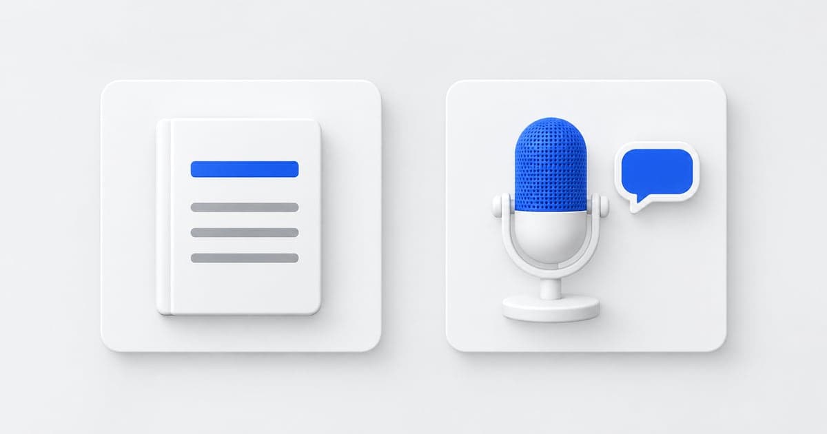 Two white panels display a preparation booklet and a blue-accented microphone with a conversation bubble.