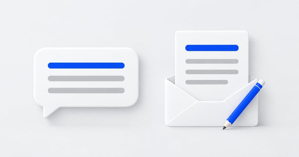A white prompt bubble beside a cover-letter sheet, an open envelope, and a blue pencil.