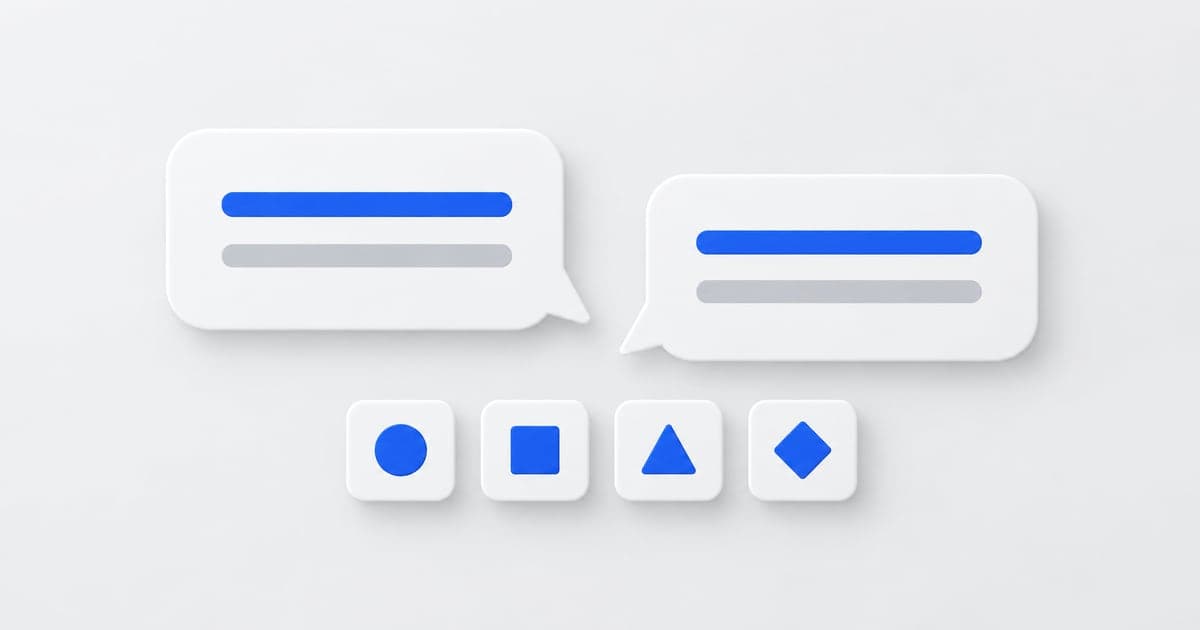 Two facing conversation bubbles above four tiles marked with blue geometric shapes for structured interview practice.