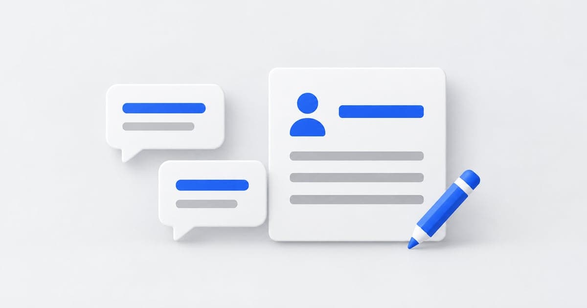 Two prompt bubbles beside a white profile panel with a blue silhouette, headline bar, and pencil.