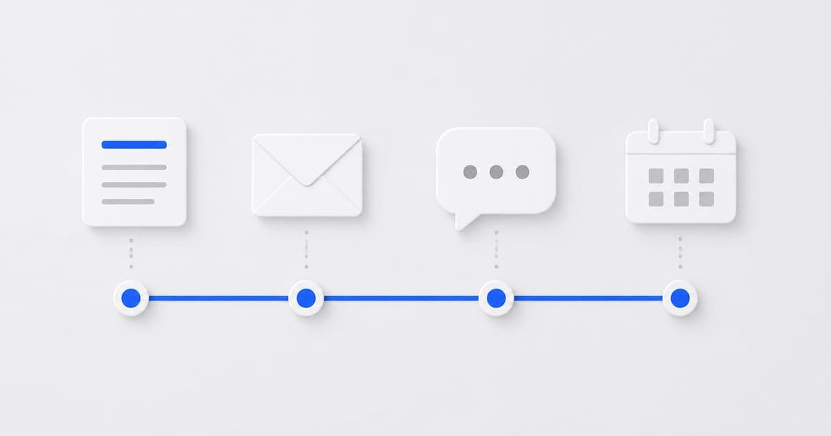 Application, message, interview, and calendar markers along a follow-up timeline.