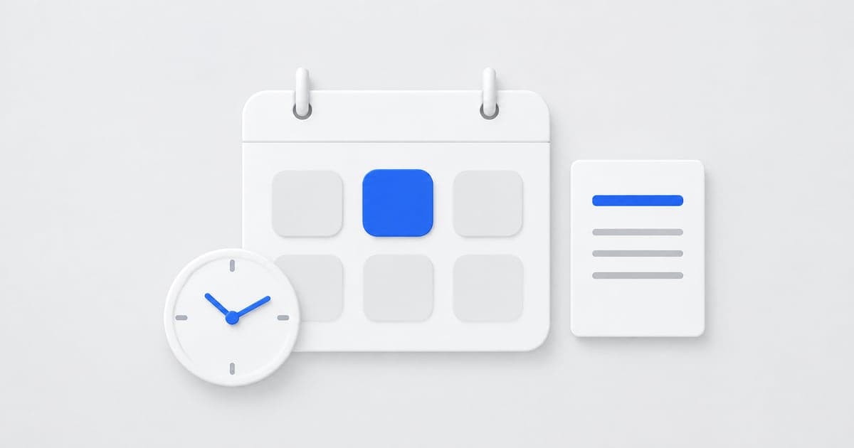 A calendar with one blue time block beside a clock and a resume card.
