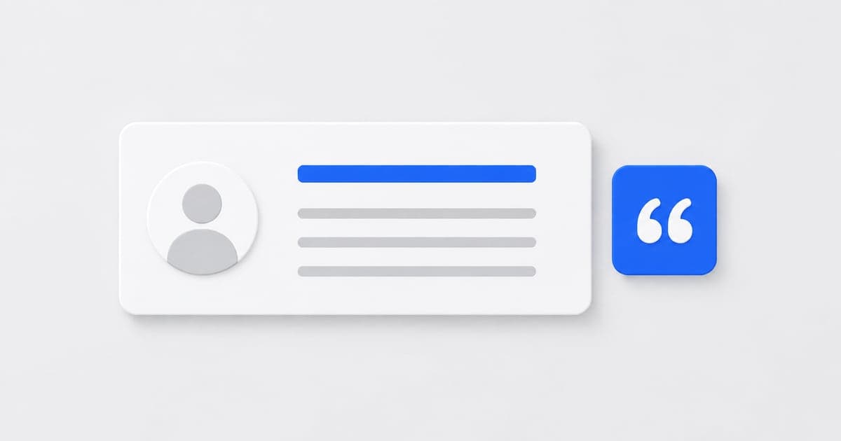 A profile summary card beside a blue quotation-mark token.