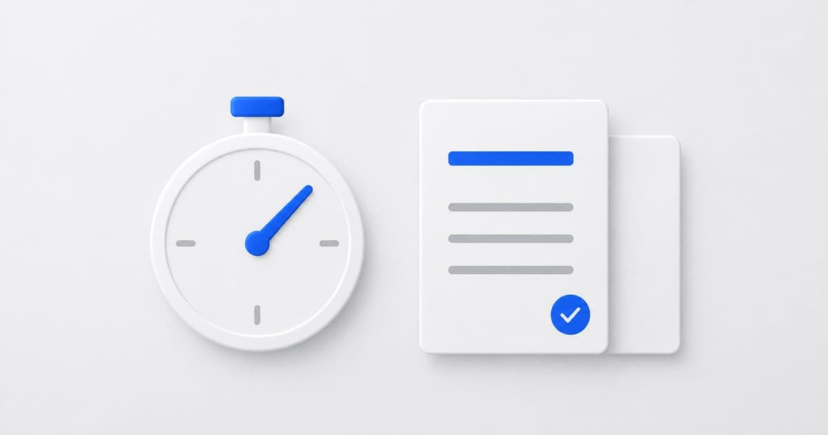 A blue-accented stopwatch beside reviewed application documents.