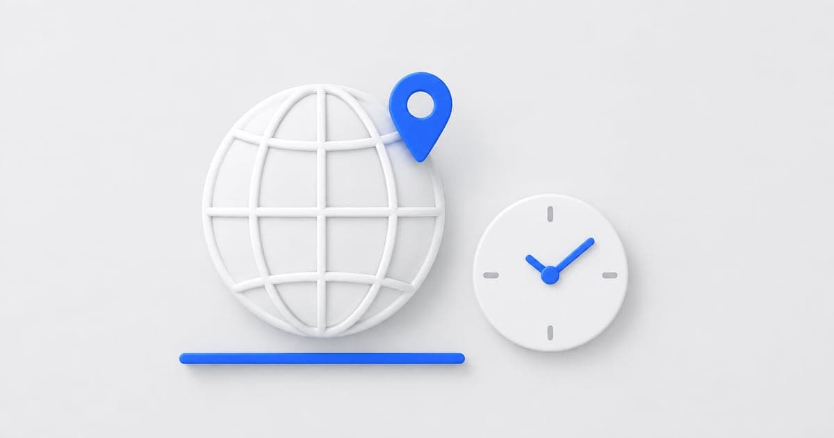 A blue location pin on a white globe beside a clock representing time-zone requirements.