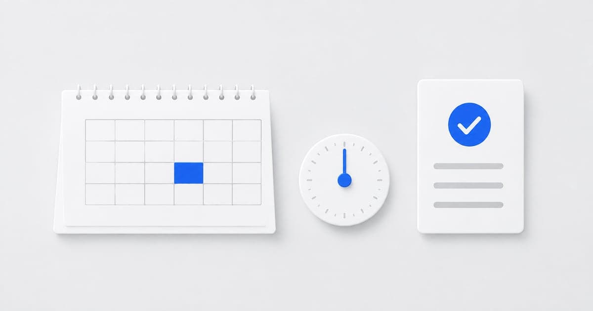 Calendar, timer, and checked card representing a weekly job-search review.