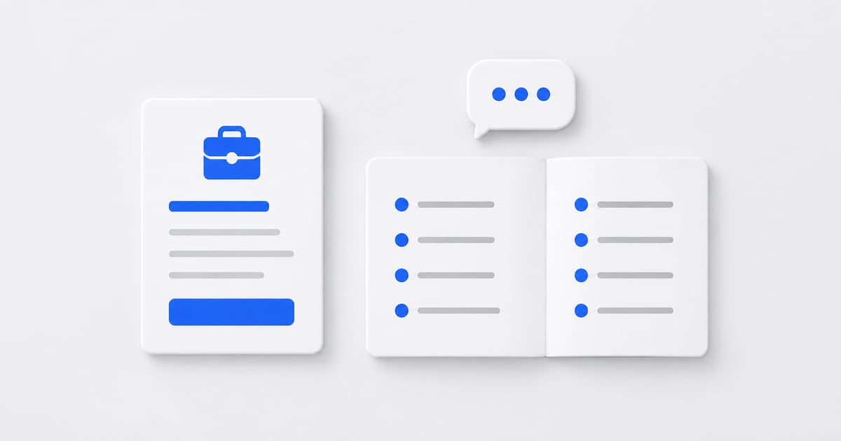 A job posting beside an interview-preparation booklet and conversation bubble.