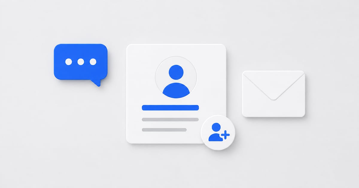 A profile card with connection, chat, and email symbols for recruiter outreach.