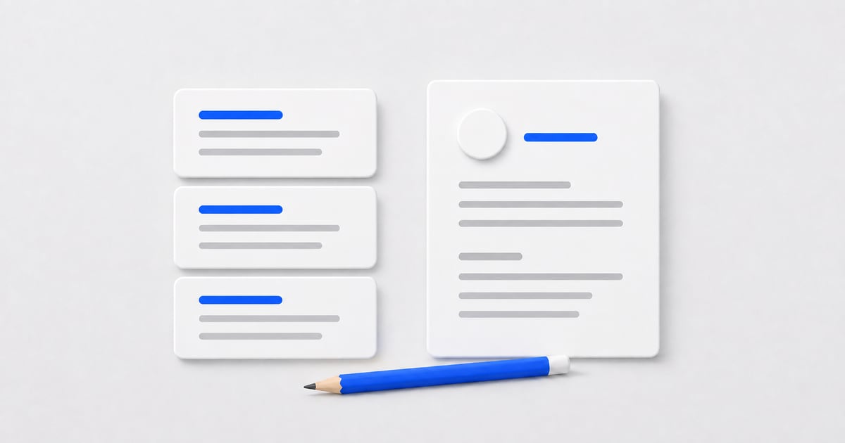 Prompt cards and a pencil beside a resume draft.