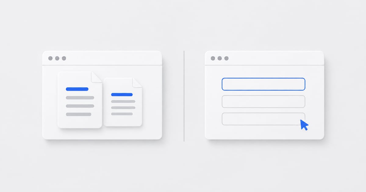 Two equal browser panels comparing document preparation with application-form fields.